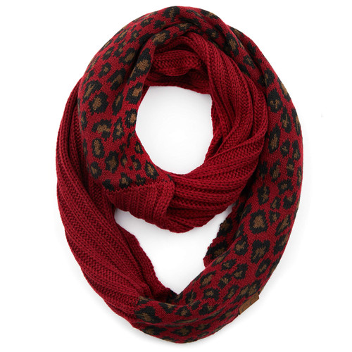 C.C Exclusives Solid Color Ribbed Infinity Scarf with Leopard Pattern Cuff (SF-80) (Burgundy)