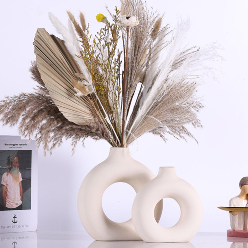 White Vase,White Home Decor,White Ceramic Vase Set of 2,Modern Rustic Farmhouse Yellow Decorative Vase,Boho Vases,Decorative Vase for Pampas Grass Dried Flowers,Table, Bookshelf White Decor