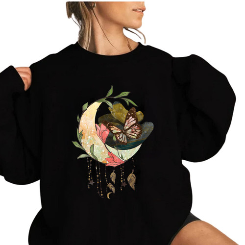 Boho Butterfly Moon Vintage Butterfly Shirt, Celestial Shirt Moth Butterfly T-Shirts, Moon Phase Astrology Astronomy, Garment Dyed, Butterfly Lover, Floral Moon Shirt
