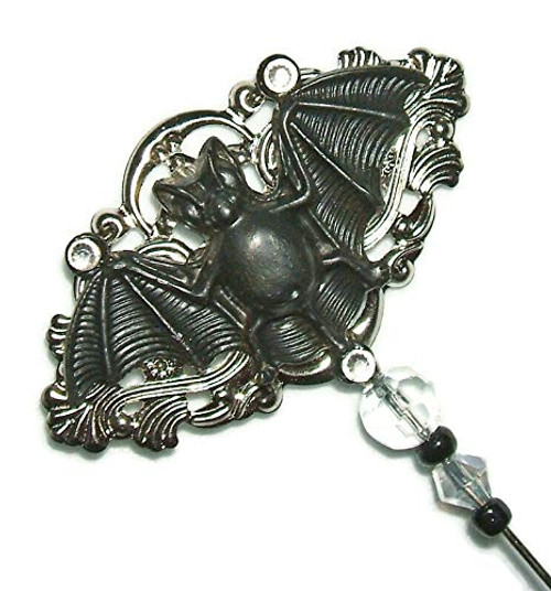 VICTORIAN BLACK BAT BIRD Stick Hat Pin Long Hatpin Silver Plt Vintage Style VICTORIAN BLACK BAT BIRD Stick Hat Pin Long Hatpin Silver Plt Vintage Style