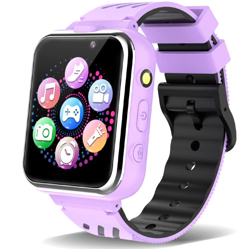 Kids Smart Watch with 24 Game HD Dual Camera 1.54'' Touchscreen Pedometer Video Music Player Alarm Clock Learning Toys Thanksgiving for Girls Boys 3-12 Years Old (Purple)