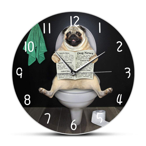 The Geeky Days Pug Dog Read Newspaper on Toilet in Bathroom Puppy Dog Silent Quartz Wall Clock Funny Animals Wall Art Hanging Wall Watch Dog Lover Home Decor