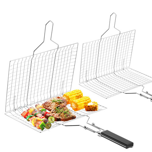 Mifoci 2 Pcs Grill Basket with Removable Handle Barbecue BBQ Grilling Basket Vegetable Fish Grill Basket Folding Portable Stainless Steel Fish Grilling Rack for Grill Cooking Outdoor Camping BBQ Gifts