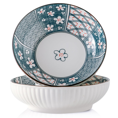 Hasense Ceramic Serving Bowls, 9 Inch Large Mixing Salad Bowls for Kitchen, 65 oz Serving Dishes for Entertaining Set of 2, Ideal for Soup Pasta Popcorn Fruit, Microwave Dishwasher Safe, Blue Prints