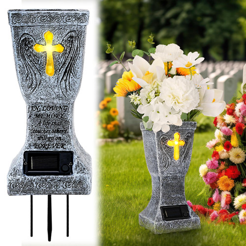 Yaomiao Solar Cemetery Grave Vase with LED for Fresh Artificial Flowers Headstones Vases with Spikes Gravestone Decoration Memorial Gifts for Loss of Loved One