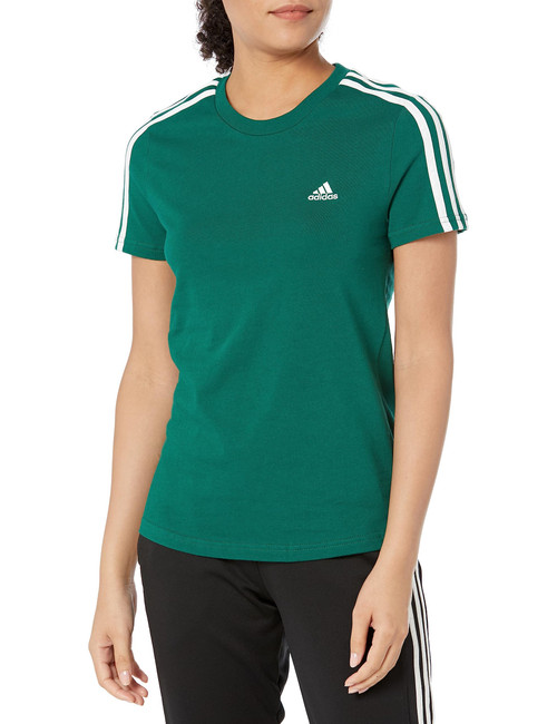 adidas Women's Loungewear Essentials Slim 3-Stripes T-Shirt, Collegiate Green/White, Small