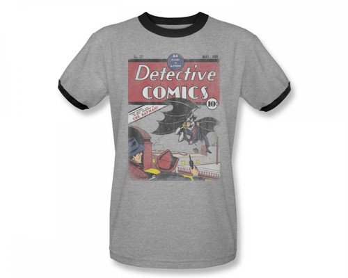 Batman Detective #27 Distressed Adult Ringer S/S T-Shirt in Heather/Black by DC Comics, Large, Heather/Black