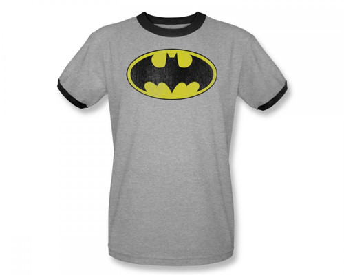 Batman Retro Bat Logo Distressed Adult Ringer S/S T-Shirt in Heather/Black by DC Comics, Medium, Heather/Black
