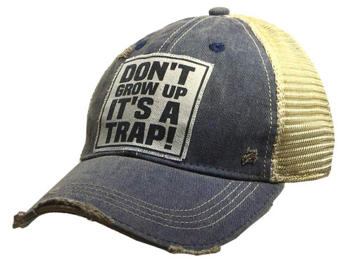 VINTAGE LIFE Distressed Washed Fun Baseball Trucker Mesh Cap (Don't Grow Up (Navy Blue))