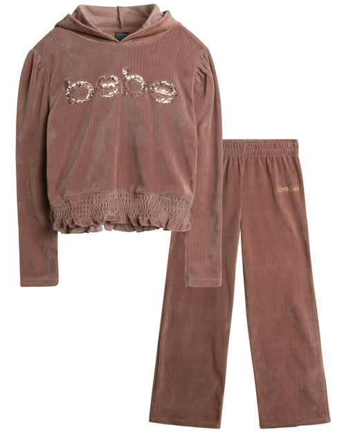 bebe Girls' Sweatsuit - 2 Piece Ribbed Velour Hoodie Sweatshirt and Open Bottom Sweatpants - Smock Waist Tracksuit Set (7-12), Size 1012, Brown Sugar