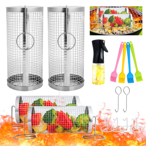 Grill Basket 2 PCS, Rolling Grill Baskets for Outdoor Grill BBQ Grill Basket, Round Stainless Steel Grill Mesh Barbeque Grill Accessories, Camping Grill for Grilling Meat, Vegetables, Chips, Fish,Shrimp, Multipurpose Portable Outdoor Picnic Cookware
