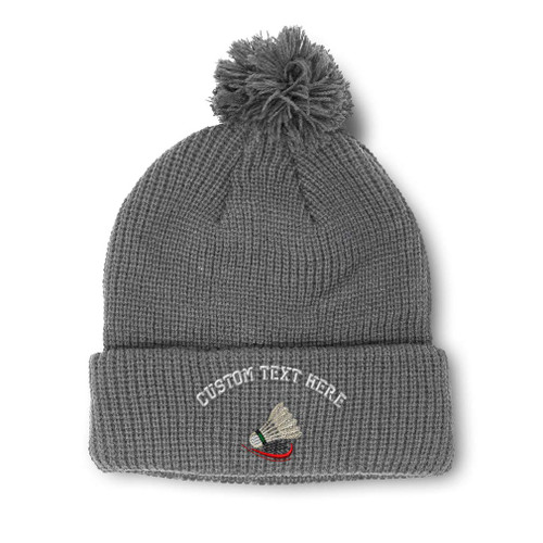 Custom Pom Pom Beanies for Women Badminton B Embroidery Skull Cap Shuttlecock Embroidery Badminton Winter Hats for Men Acrylic 1 Size Light Grey Personalized Text Here
