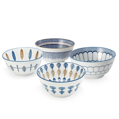 Iridety 7.5 Inch Porcelain Cereal Bowl Set - Set of 4, Soup Bowls, Cereal, Soup, Salad and Pasta Ceramic Bowls, Antique Blue