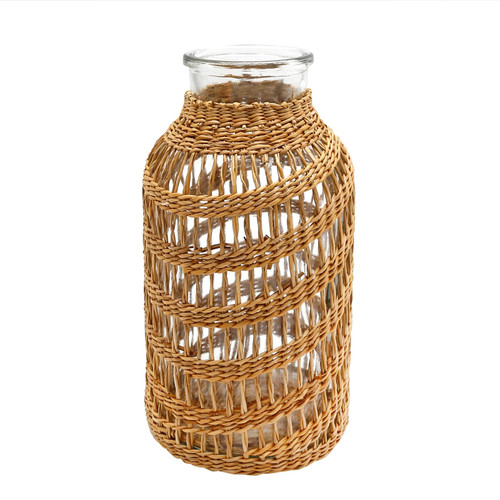 Rustic Boho Glass Bottle Flower Vase with Rope Net Decoration Flower Vase with Rattan Cover Farmhouse Flower Bud Vase Round Decor (L)