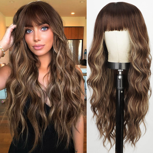 Cisyia Long Brown Wigs with Bangs 26 Inches Ombre Brown Mixed Blonde Highlight Wig for Women Long Curly Wavy Synthetic Resistant Wigs for Daily Party Use Cisyia Long Brown Wigs with Bangs 26 Inches Ombre Brown Mixed Blonde Highlight Wig for Women Long Curly Wavy Synthetic Resistant Wigs for Daily Party Use