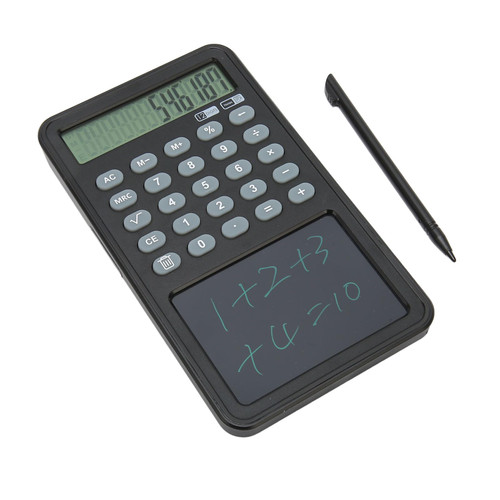 Pocket Calculator, Compact Mute Button Desktop Calculator Note Lock 12 Digits with Erasable Writing Desk for Office High School (Black)