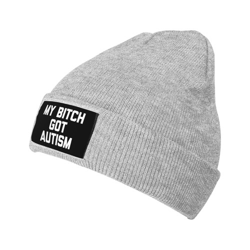 wikjxiz My Bitch Got Autism Beanie Gray Warm Knit Winter Hat Cuffed Slouchy Skull Cap for Men Women