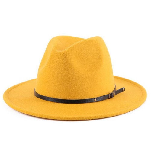 UPSTORE Women Classic Wool Fedora Hat with Belt Buckle Felt Wide Brim Panama Hat (Yellow)