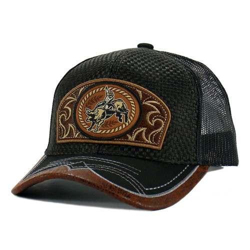 Rodeo Cowboy Straw Cap Hat Bull Rider/Horse Embroidered Mesh Trucker Western Style Snapback Baseball Cap (Cowboy Bull Rider - Black)