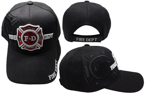 Fire Dept Department FD 3-D Logo Shadow Black Polyester Adjustable Embroidered Baseball Ball Cap Hat