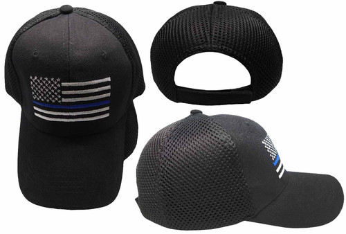 Trade Winds USA American Thin Blue Line Police Memorial Black with Mesh Textured Back 100% Cotton Adjustable Embroidered Cap Hat