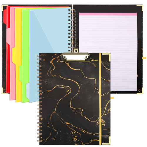 Clipboard Folio with Refillable Notepad, 5 Dividers with 10 Pockets Storage Spiral Notebooks,Cute Clipboard Folder,Versatile Clipfolio,Spiral Clipboards Portfolio Planners for School Office-Black Gold