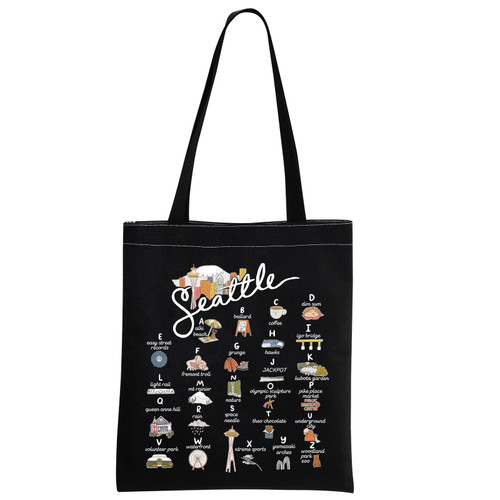 MNIGIU Seattle Washington Canvas Tote Bag Seattle Welcome Bag Seattle Beach Tote Reusable Shopping Bag (Seattle Black Tote)