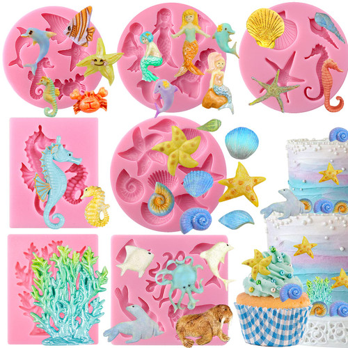 Mini Sea Creatures Summer Beach Candy Silicone Mold for Sugarcraft Cake Decoration, Fondant Cupcake Topper, UV Resin Epoxy Jewelry Casting, Polymer Clay Crafting Projects 30-cavity Pack of 7
