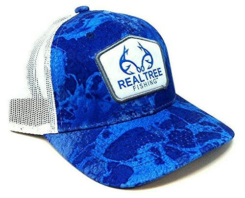 RT Fishing Blue Wave Pattern Antler/Hook Patch Logo Curved Bill Adjustable White Mesh Trucker Snapback Hat