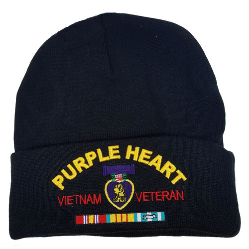 US Military Purple Heart Vietnam Veteran Black Skull Beanie Officially Licensed Cap