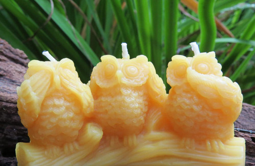 Three Wise Owls Beeswax Candle/See No Evil, Hear No Evil, Speak No Evil/Handcrafted in America with 100% Natural Beeswax/Bird Candles