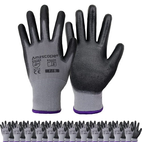 amzscope Work Gloves-12 Pairs Bulk Pack,for Men and Women,with PU Coating Grip,Lightweight Gardening Gloves,Thin Mechanic Gloves,Seamless Safety Working Gloves for Light Duty Work (Grey,L)