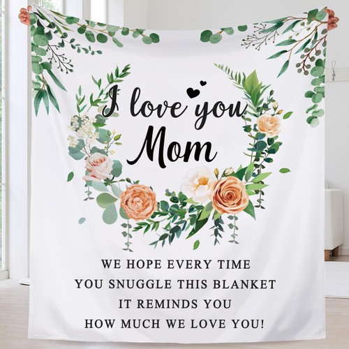 Gifts for Mom, Mothers Gifts Blanket from Daughter, Mom Birthday Gifts for Thanksgiving Day, 60" X 50" Blue Soft Flower Wreath Blanket for Mom, I Love You Mom Blanket from Son
