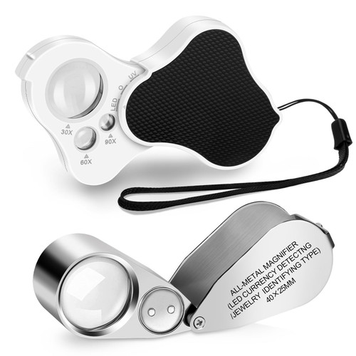 2PCS Magnifying Glass with Light, 30X 60X 90X Jewelers Loupe Magnifier, 40X Metal Jewelry Eye Loop, Illuminated Jewelry Loupe, Foldable Pocket Magnifier for Jewelry Gem Diamond Coin Stamp Watch Plant 2PCS Magnifying Glass with Light, 30X 60X 90X Jewelers Loupe Magnifier, 40X Metal Jewelry Eye Loop, Illuminated Jewelry Loupe, Foldable Pocket Magnifier for Jewelry Gem Diamond Coin Stamp Watch Plant