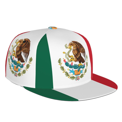 LOGMOR Mexico Flag Pattern Flat Bill Hat, Unisex Snapback Baseball Cap Hip Hop Style Flat Visor Blank Adjustable Black