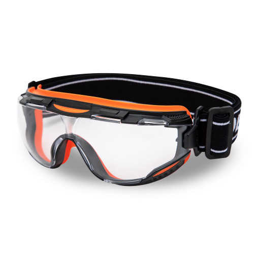 DEX FIT Protective Safety Goggles SG220; Anti Fog & Scratch, Z87 Eye Protection for Lab, Science, and Chemistry Work, Adjustable for Women and Men, (Black & Orange Frame, Clear Lens, 19cm Strap)