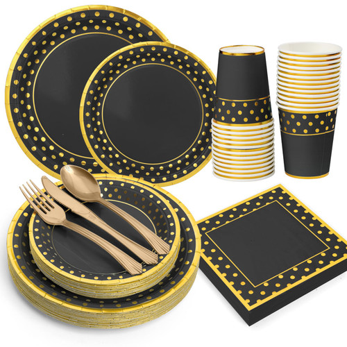 CENLBJ Black Gold Paper Plates and Napkins Tableware Set, 175Pcs Paper Party Supplies Including Disposable Plates, Dessert Plates,Napkins,Cups,Forks,Knives,Spoons,for Birthday, Anniversary