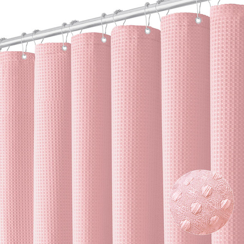 Dynamene Pink Fabric Shower Curtain - Waffle Weave Textured Heavy Duty Cloth Shower Curtains for Bathroom, 256GSM Hotel Luxury Weighted Bath Curtain Set with 12 Hooks,72x72, Pink