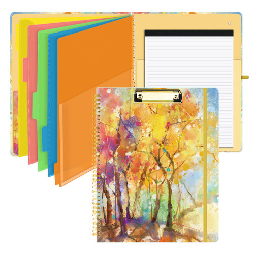 SUNEE Spiral Clipboard Folio with Notepad and Pocket, 5-Tab Colorful Dividers and Gold Clip, 12.9"x10.25" Cute Clipfolio Design for Work, Office, School, Nurse and Students, Colorful Tree Clipboard