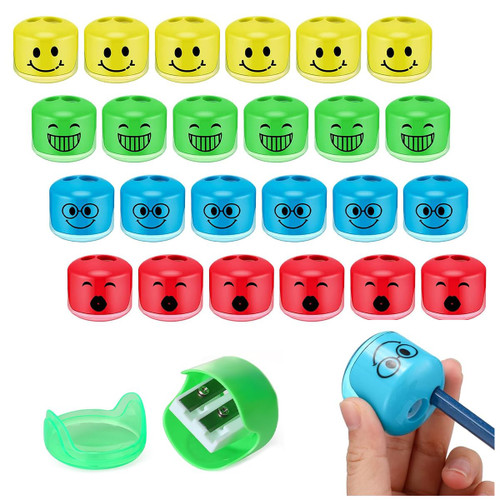 24PCS Pencil Sharpeners Kids Handheld Pencil Sharpener Manual Dual Holes Pencil Sharpeners Colorful Cartoon Expression Pencil Sharpener for School Office Art Room.