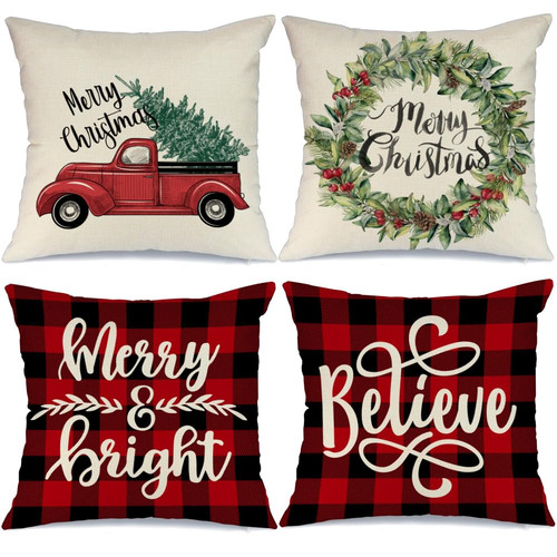 GEEORY Buffalo Plaid Christmas Pillow Covers 16x16 Set of 4 Marry Bright Christmas Pillows Winter Holiday Throw Pillows Farmhouse Christmas Decor Red Truck Xmas Decorations for Couch A266-16 GEEORY Buffalo Plaid Christmas Pillow Covers 16x16 Set of 4 Marry Bright Christmas Pillows Winter Holiday Throw Pillows Farmhouse Christmas Decor Red Truck Xmas Decorations for Couch A266-16