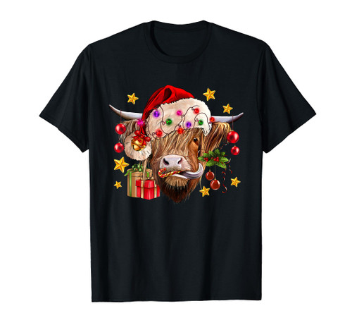 Cow Christmas Santa Hat Lights Christmas Tree Christmas Cow T-Shirt