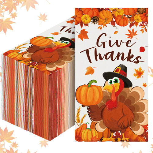 Estune 200 Packs Fall Thanksgiving Paper Napkins Guest Napkins Disposable Bathroom 2 Ply Hand Towel for Autumn Harvest Turkey Maple Leaves Napkins Dinner Party Supplies (Give Thanks,4.3 x 7.8 Inch)