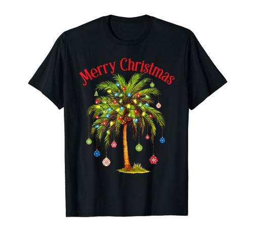 Merry Christmas Palm Tree Light Hawaiian Tropical Christmas T-Shirt