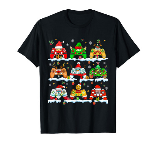 Boys Christmas Santa Elf Snowman Gaming Controllers Gamer T-Shirt