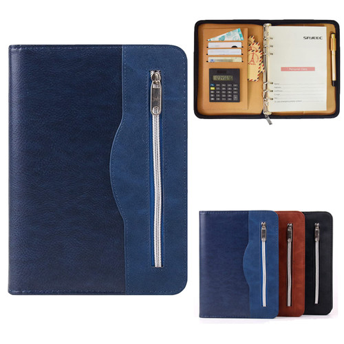 Marte Vanci A5 Padfolio with Calculator PU Leather Business Portfolio Zippered Conference Folder Organizer 6 Ring Lined Notebook Binder Loose Leaf Refillable Travel Journal Gift for Men (Blue)