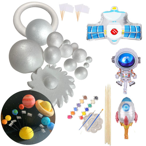 Rejopfad Solar System Model Kit for Crafts, Solar System Project Kit Include Foam Balls, Color Pigments, Paint Tray Palette, Brushes, Balloon, Flags(48 Pack Set)
