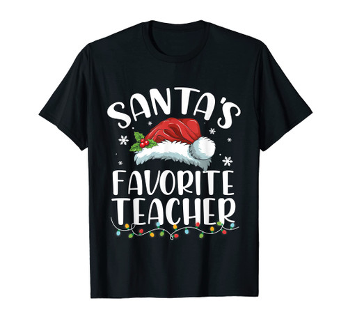 Funny Santa's Favorite Teacher Christmas Santa Hat Pajama T-Shirt