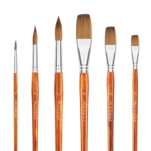 Sable Watercolor Brushes Professional, Fuumuui 6Pcs Short Handle Kolinsky Sable Brush Set with Round Pointed and Flat Wash Brushes Perfect for Watercolor Acrylic Gouache Inks Painting