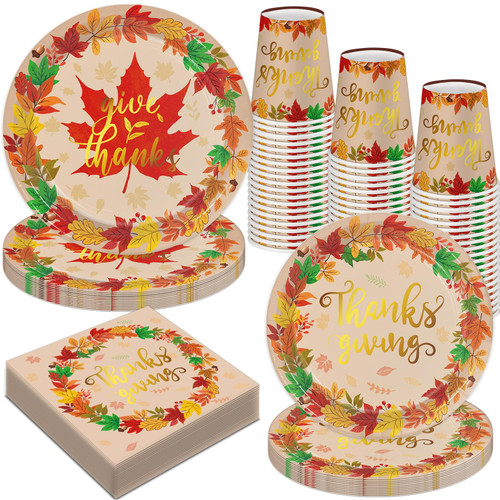 Oigco Thanksgiving Paper Plates Thanksgiving Disposable Dinnerware Set Includes Plates Napkins Cups for Happy Thanksgiving Autumn Tableware Set, 24 Guests